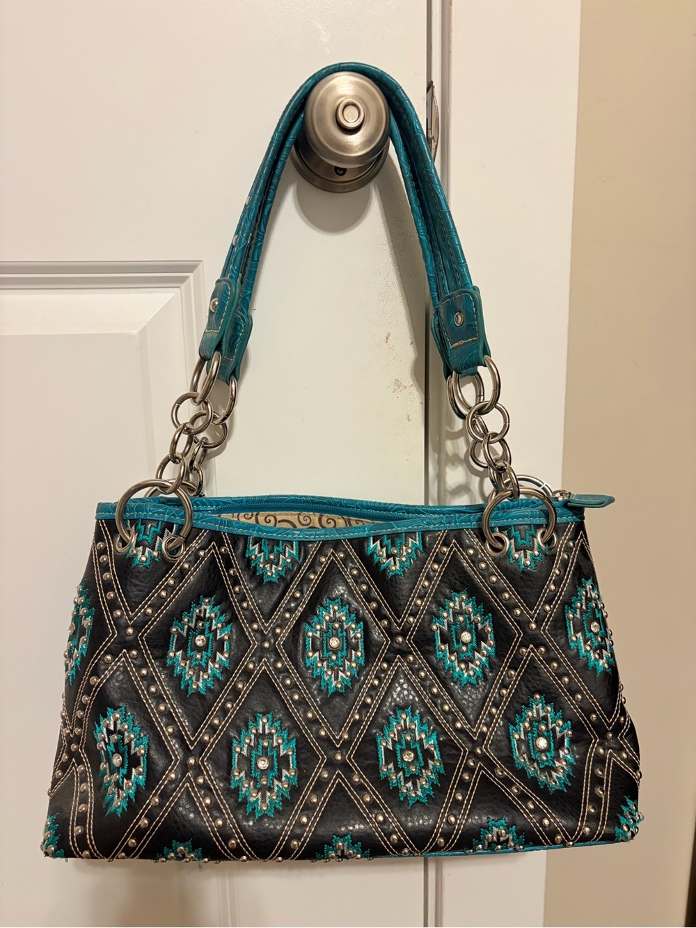 Teal and Black Embroidered & Studded Montana West Women’s Shoulder Bag